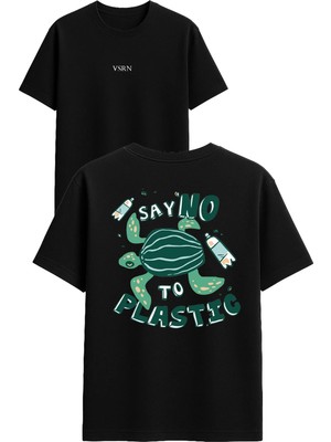 Vsrn Say No Plastic Tasarım Baskılı Siyah Oversize T Shirt