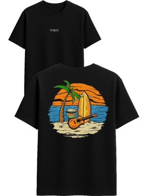 Vsrn Deniz ve Gitar Tasarım Baskılı Siyah Oversize T Shirt
