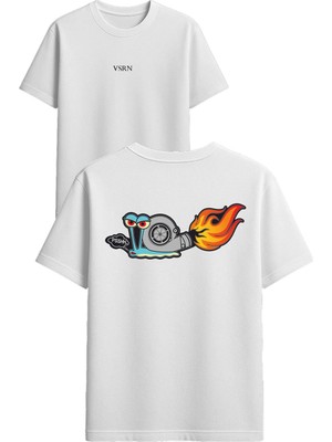 Vsrn Roketli Böcek Tasarım Baskılı Beyaz Oversize T-Shirt