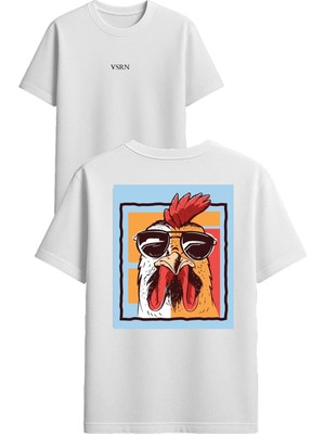 Vsrn Yakışıklı Horoz Tasarım Baskılı Beyaz Oversize T Shirt