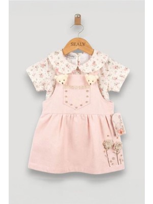 Miniğimin Cicileri Ayıcık Gül Aplikeli Salopet Elbiseli Kız Çocuk 2’li Takım - Pembe