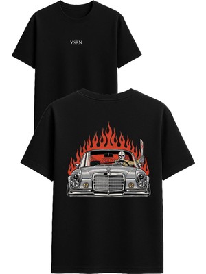 Vsrn Arabalı Zombi Tasarım Baskılı Siyah Oversize T Shirt