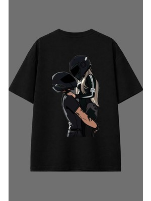 Vsrn Motorcu Sevgili Tasarım Arka Baskılı Siyah Oversize T Shirt