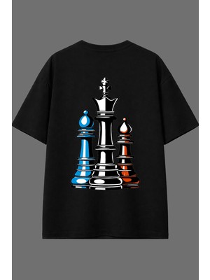 Vsrn Satranç Taşları Tasarım Arka Baskılı Siyah Oversize T Shirt