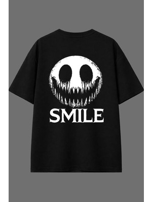 Vsrn Smıle Tasarım Arka Baskılı Siyah Oversize T Shirt