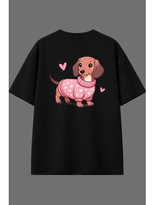 Vsrn Sosis Köpek Tasarım Arka Baskılı Siyah Oversize T Shirt