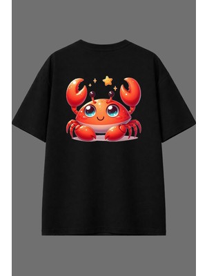 Vsrn Tatlı Yengeç Tasarım Arka Baskılı Siyah Oversize T Shirt