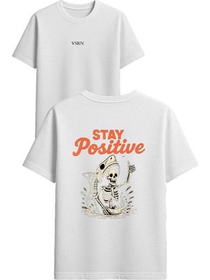 Vsrn Stay Positive Tasarım Baskılı Beyaz Oversize T-Shirt