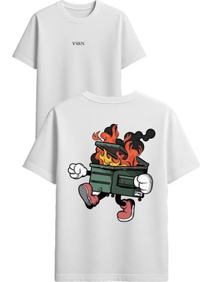 Vsrn Yanan Çöp Tasarım Baskılı Beyaz Oversize T-Shirt