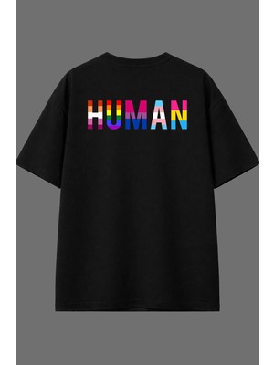 Vsrn Human 1 Tasarım Arka Baskılı Siyah Oversize T Shirt