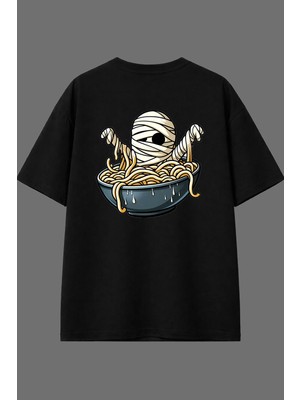 Vsrn Mumya Makarna Tasarım Arka Baskılı Siyah Oversize T Shirt