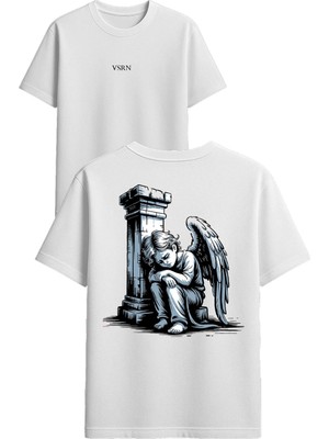 Vsrn Ağlayan Melek Tasarım Baskılı Beyaz Oversize T Shirt