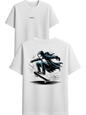 Vsrn Hayalet Kaykaycı Tasarım Baskılı Beyaz Oversize T Shirt