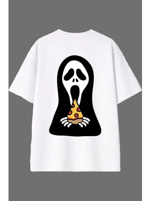 Vsrn Hayalet Pizzacı Tasarım Arka Baskılı Beyaz Oversize T Shirt