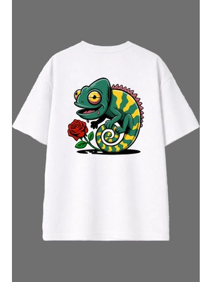 Vsrn Bukalemun Tasarım Arka Baskılı Beyaz Oversize T Shirt