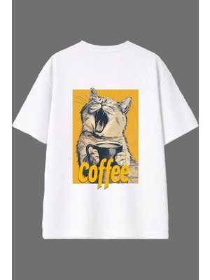 Vsrn Cat Coffee Tasarım Arka Baskılı Beyaz Oversize T Shirt