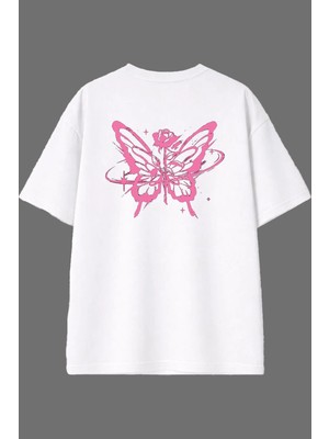 Vsrn Pembe Güllü Kelebek Tasarım Arka Baskılı Beyaz Oversize T Shirt