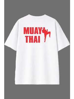 Vsrn Kırmızı Muay Thaı Tasarım Arka Baskılı Beyaz Oversize T Shirt
