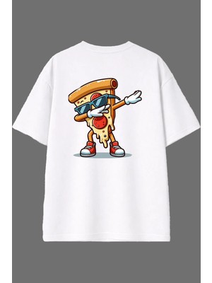Vsrn Havalı Pizza Hareketi Tasarım Arka Baskılı Beyaz Oversize T Shirt