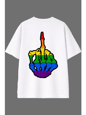 Vsrn Renkli Hareketi El Tasarım Arka Baskılı Beyaz Oversize T Shirt