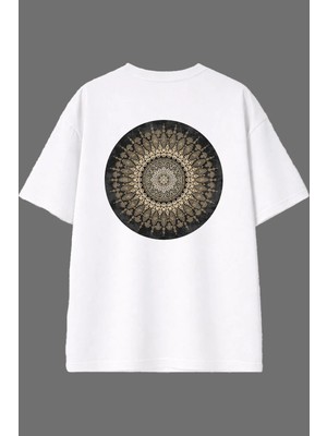 Vsrn Etnik Yuvarlak Halı Tasarım Arka Baskılı Beyaz Oversize T Shirt