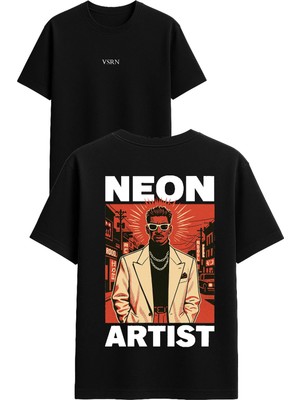 Vsrn Neon Artıst Tasarım Baskılı Siyah Oversize T Shirt