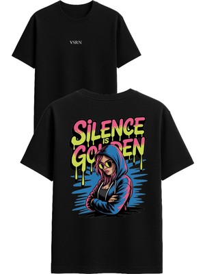 Vsrn Silence Tasarım Baskılı Siyah Oversize T Shirt