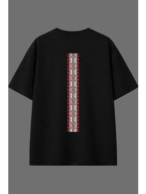 Vsrn Desenli Çizgi Tasarım Arka Baskılı Siyah Oversize T Shirt