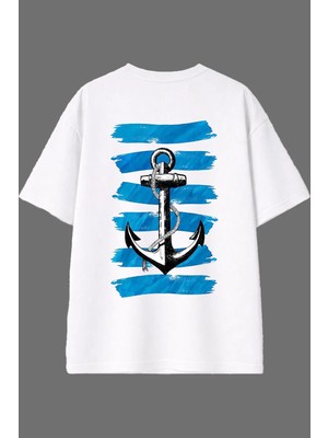 Vsrn Çapa Tasarım Arka Baskılı Beyaz Oversize T Shirt