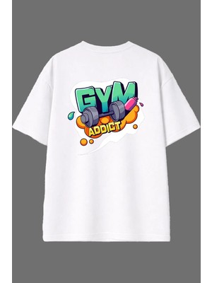Vsrn Gym Addıct Tasarım Arka Baskılı Beyaz Oversize T Shirt
