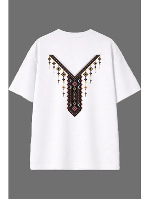 Vsrn Kolye Desenli Tasarım Arka Baskılı Beyaz Oversize T Shirt