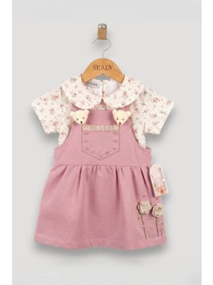 Miniğimin Cicileri Ayıcık Gül Aplikeli Salopet Elbiseli Kız Çocuk 2’li Takım - Gül Kurusu