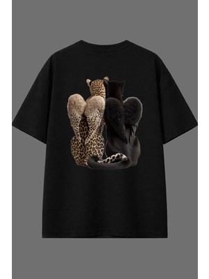 Vsrn Kanatlı Panter Leopar Tasarım Arka Baskılı Siyah Oversize T Shirt