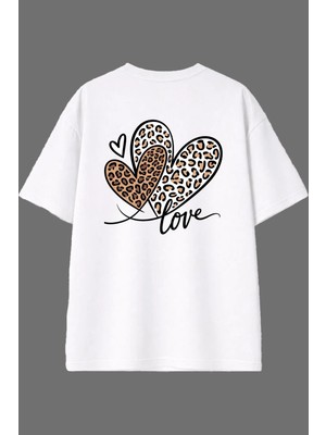 Vsrn Love Leopat Tasarım Arka Baskılı Beyaz Oversize T Shirt