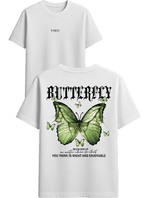 Vsrn Butter Fly Tasarım Baskılı Beyaz Oversize T-Shirt