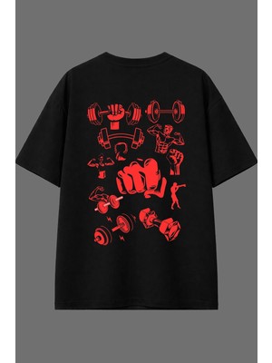 Vsrn Gym Hareketleri Tasarım Arka Baskılı Siyah Oversize T Shirt