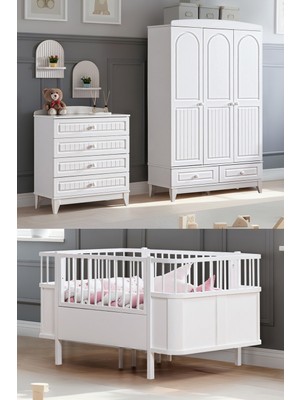 Setay Deniz Çocuk Odası, Deniz 3 Kapaklı Dolap, Şifonyer, Star Büyüyen Beşik - Beyaz