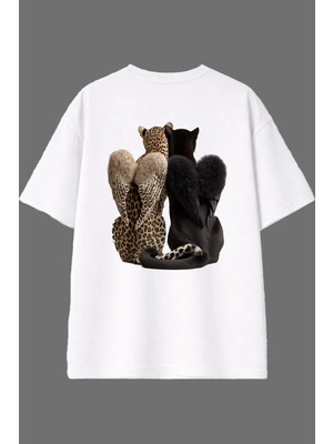 Vsrn Kanatlı Panter Leopar Tasarım Arka Baskılı Beyaz Oversize T Shirt
