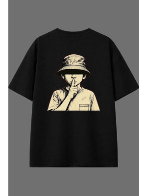 Vsrn Sus Yapan Çocuk Tasarım Arka Baskılı Siyah Oversize T Shirt