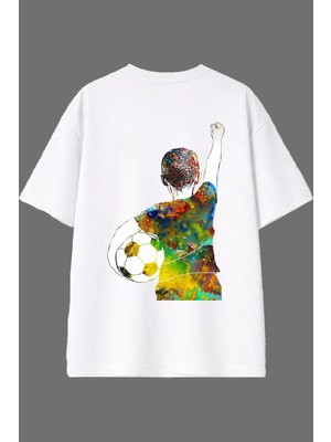 Vsrn Genç Futbolcu Tasarım Arka Baskılı Beyaz Oversize T Shirt