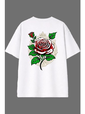 Vsrn Gül Figürü Tasarım Arka Baskılı Beyaz Oversize T Shirt