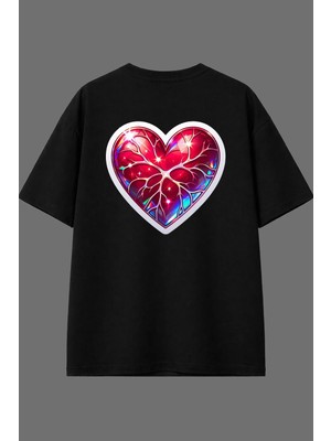 Vsrn Damarlı Kalp Tasarım Arka Baskılı Siyah Oversize T Shirt
