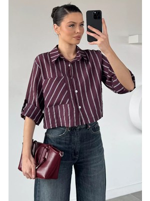 Gülseli Kadın Çizgili Crop Top Gömlek P-00020932