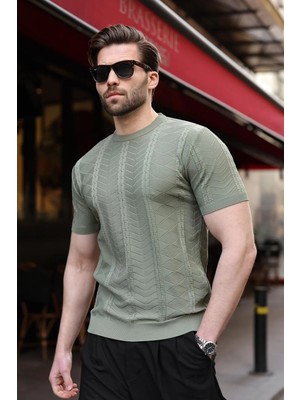 Madmext Haki Bisiklet Yaka Slim Fit Triko Erkek Tişört E7466