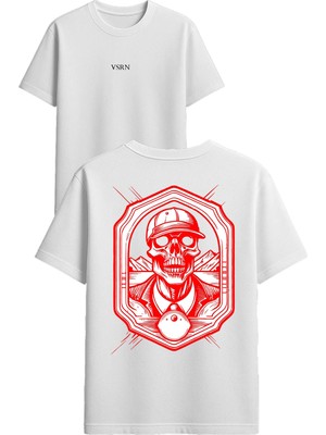 Vsrn Iskelet Beyzbolcu Tasarım Baskılı Beyaz Oversize T Shirt