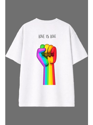 Vsrn Love Is Love Tasarım Arka Baskılı Beyaz Oversize T Shirt