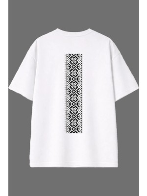 Vsrn Şerit Tasarım Arka Baskılı Beyaz Oversize T Shirt