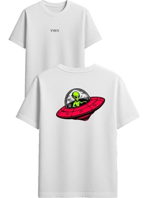Vsrn Kırmızı Ufo Aracı Tasarım Baskılı Beyaz Oversize T-Shirt