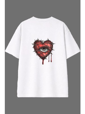 Vsrn Dikenli Kalp Tasarım Arka Baskılı Beyaz Oversize T Shirt