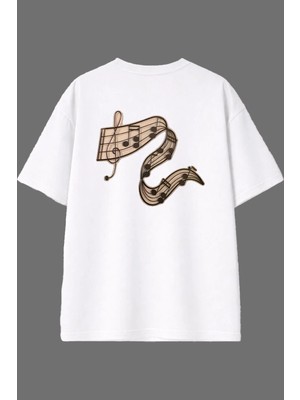 Vsrn Müzik Notaları Tasarım Arka Baskılı Beyaz Oversize T Shirt